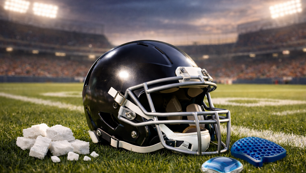 Modern football helmet on grass field