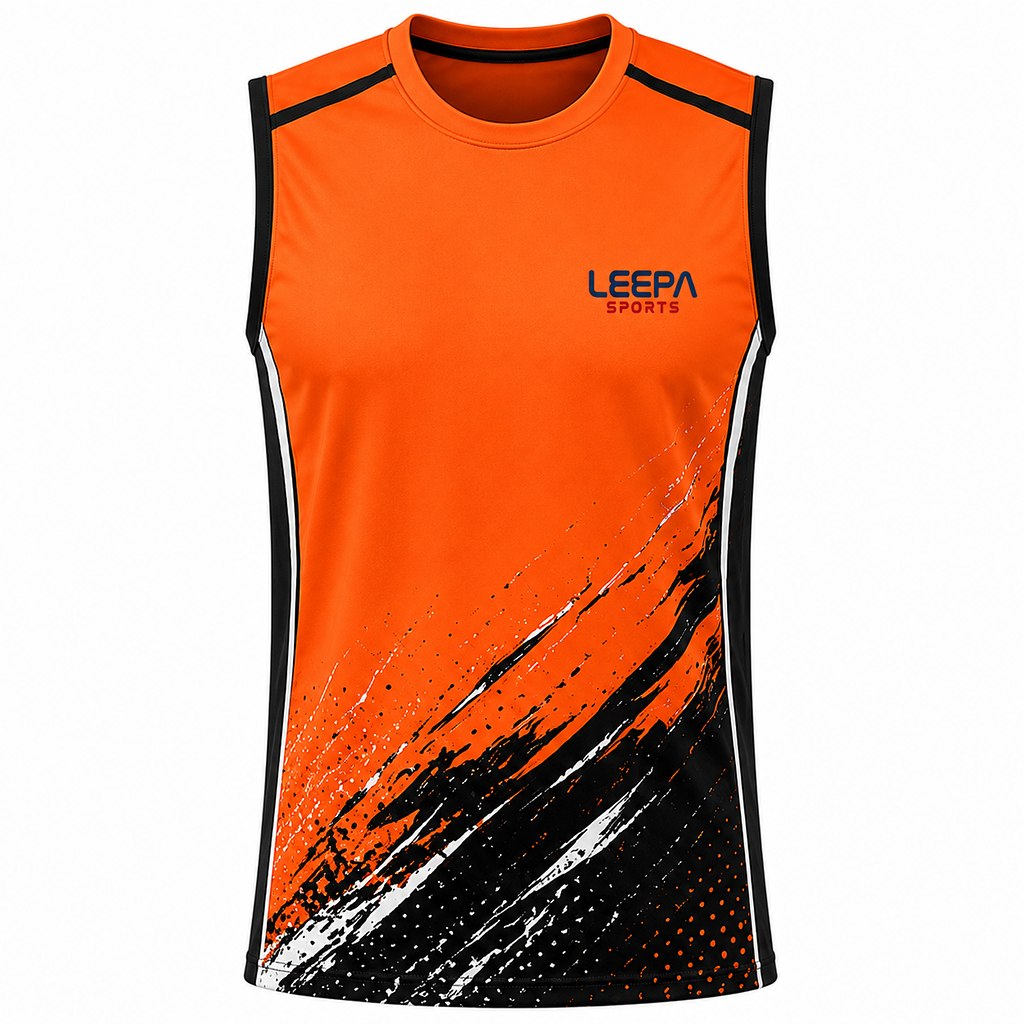 Upgrade your athletic gear with this premium orange and black sleeveless shirt. Designed for peak training performance, maximum breathability, and comfort.
